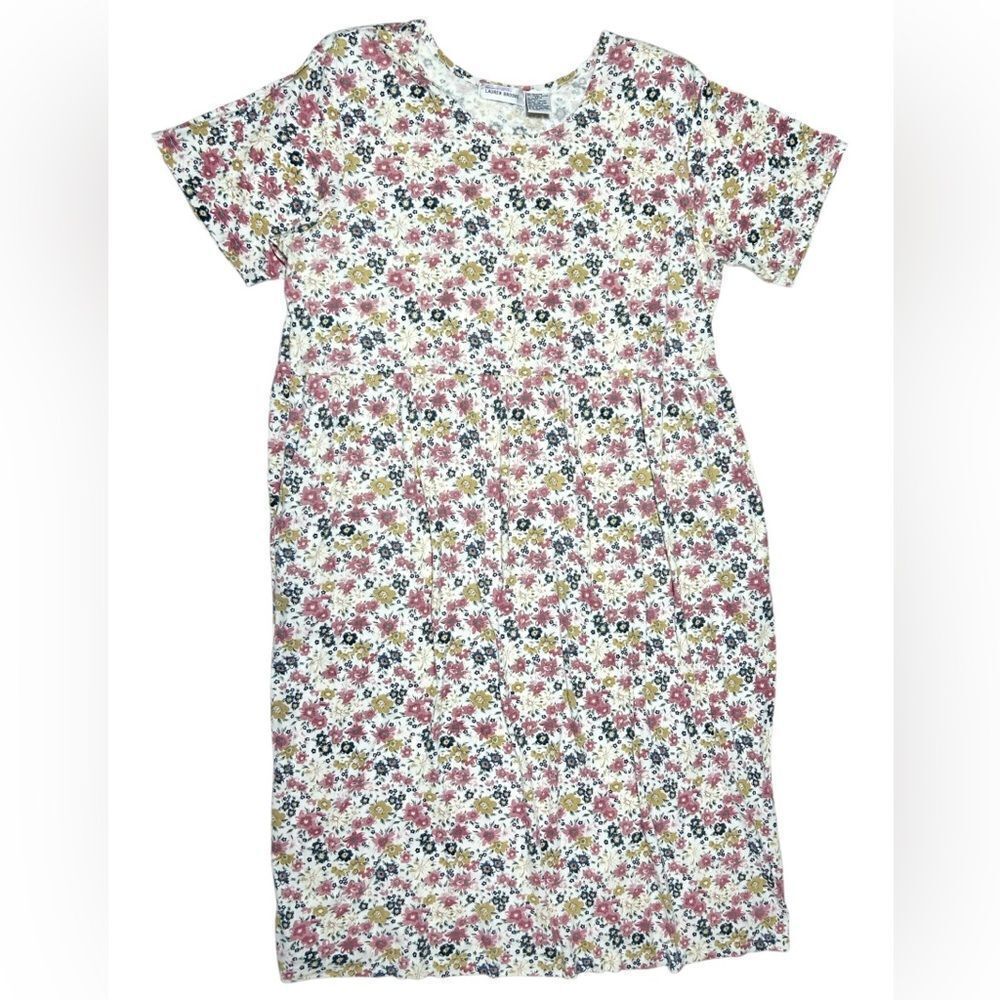 Vintage White Floral Maxi Dress with Pockets Short Sleeve Dress Pink Flowers
